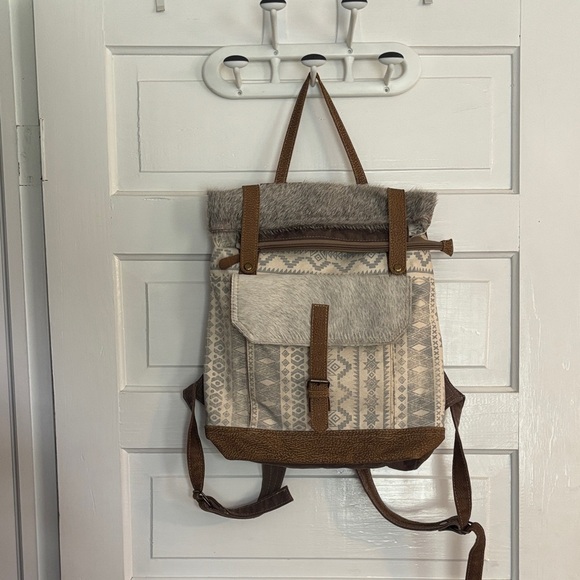 Myra Bag Brown and Cream Patterned Backpack with Leather Accents - Picture 1 of 6